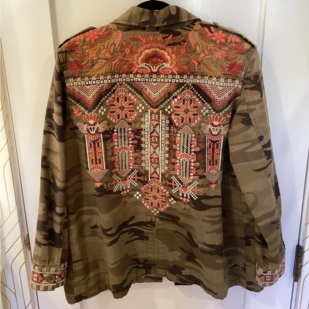 Johnny Was Olive Camouflage Embroidered Military-Style Jacket - Picture 2 of 2
